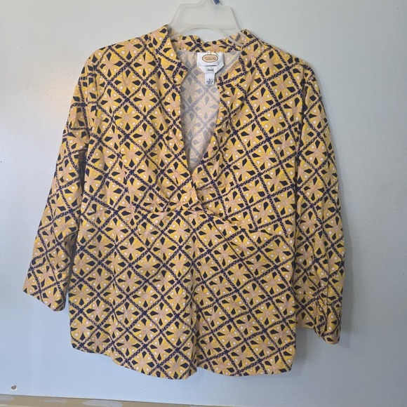 Talbots Tops - Talbots Womens Shirt Size Large Geometric Yellow Blue Pullover V Neck Stretch